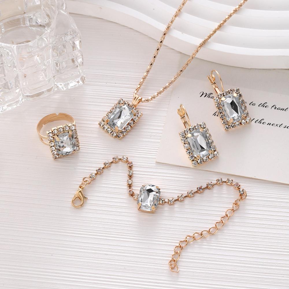 4pcs Set Luxury Charm Micro-inlay Rhinestones Square Crystal Necklace Ring Bracelet Earrings Set for Women Bride Wedding Jewelry