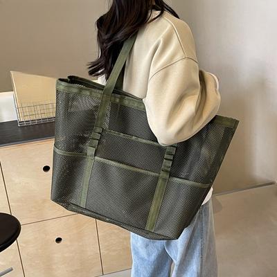 Oversized Mesh Tote Bag for Women Hollow-out Multi-pocket Beach Shopper Handbag Summer
