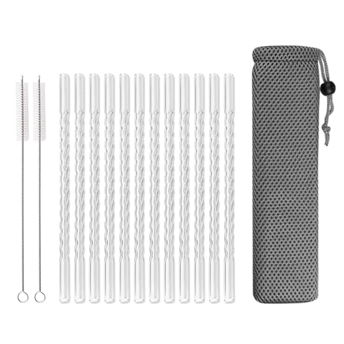 

15 PCS Reusable Glass Straws, 8 Inch x 0.3 Thread Pattern Design Colored Drinking Straws, Include 12 Straight Straws, 2 Cleaning Brushes, 1 Bag чистый