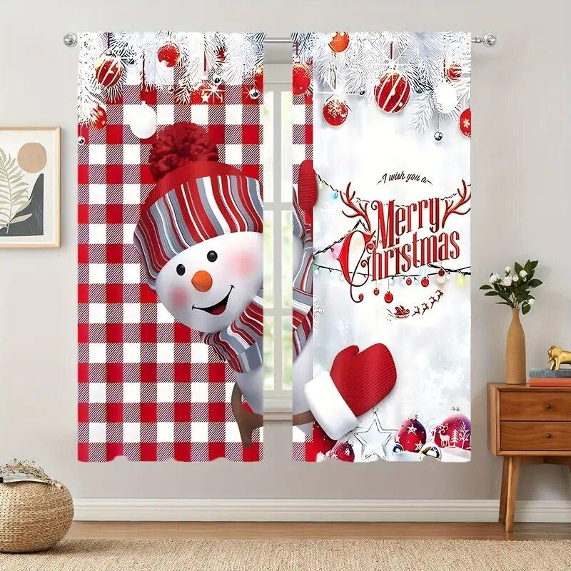 Classic Christmas snowmen   checkered pattern printed curtains   pole bag curtains   home decoration   room decoration