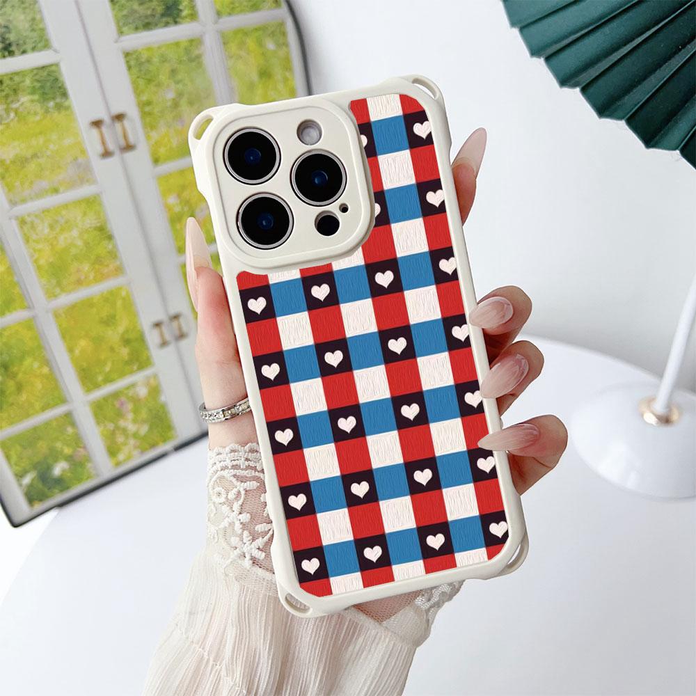 Cute Heart Colorful Grid Pattern TPU For Iphone 17 16 15 14 12 Phone Case Four Corner Anti Fall Protection Portable Hanging Rope