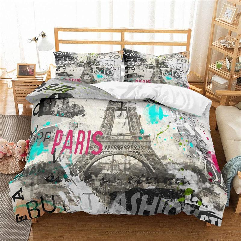 Eiffel Tower Duvet Cover Chic Paris Bedding Set Microfiber Modern French Style Romantic Theme Comforter Cover With Pillowcases