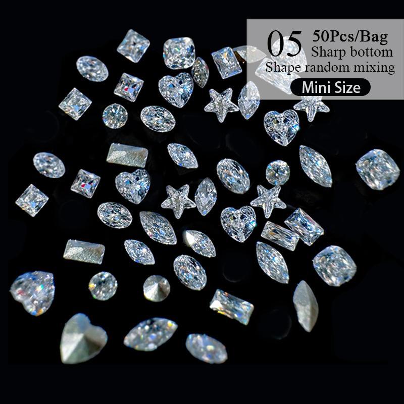 50 ks mini kosočtvercové kamínky na nehty s plochým dnem, AB barva, zdobení nehtů, křišťálové drahokamy, oslnivá manikúra, 3D dekorace na nehty