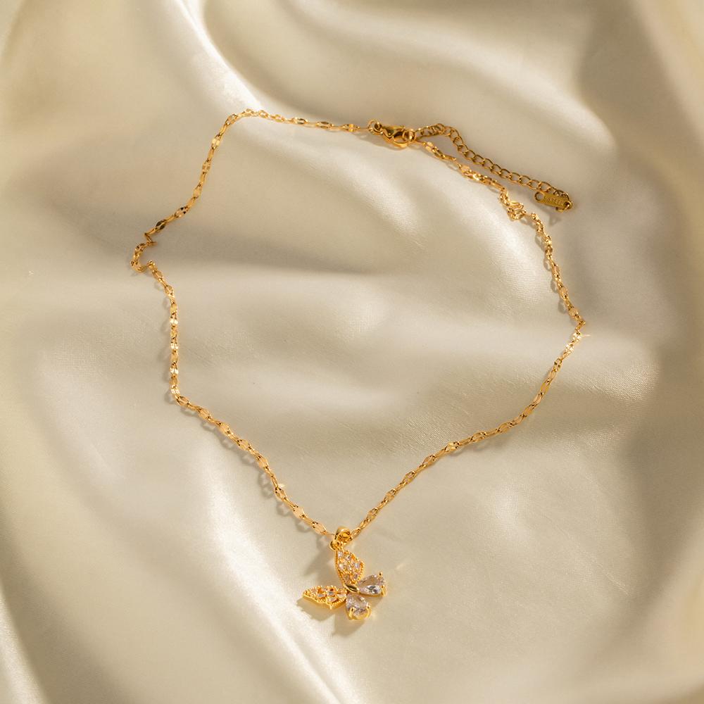 Youthway Stainless Steel  Pvd Gold Plated White Zircon Butterfly Pendant Necklace Waterproof Jewelry Gift