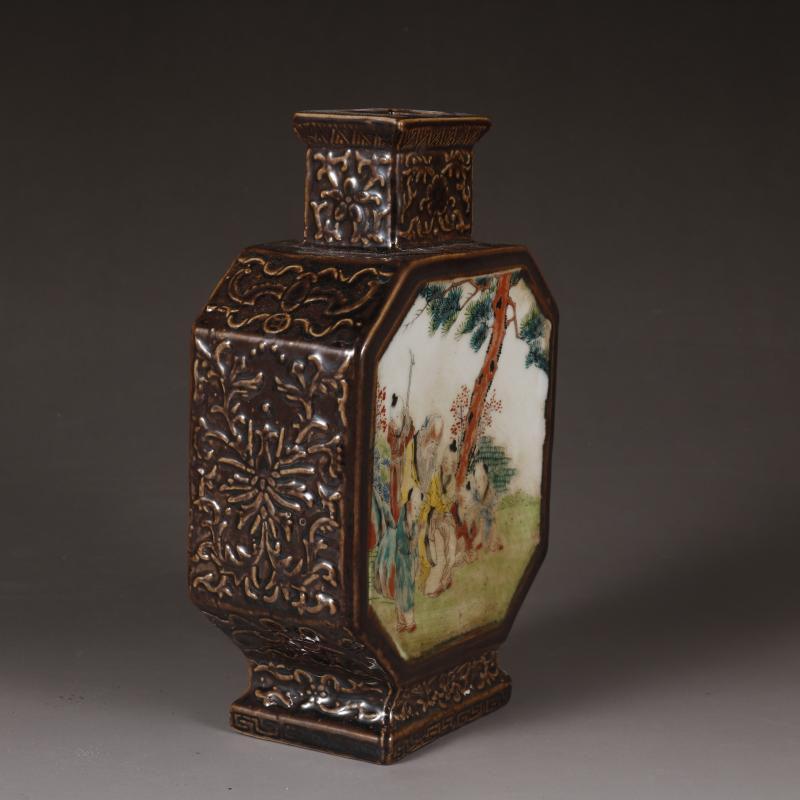 Qing Qianlong Ceramic Vase Figure Four Sided Flat Bottle Porcelain Old Items Antique Collection Ornaments Home Desk Accessories