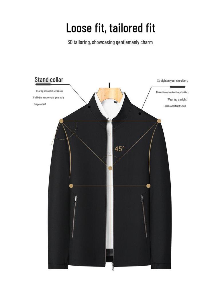 Men's Stand Collar Solid Color Casual Business Jacket for Mid-Aged & Young Adults