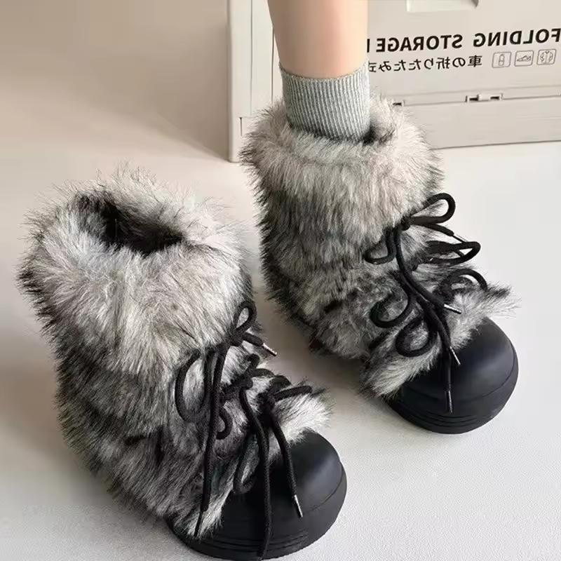 

Winter Bow Platform Women Snow Ankle Boots Fur Short Plush Flats Cotton Shoes Warm Cozy Short Boots 39EU/CN40