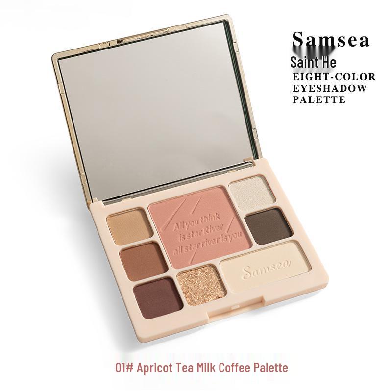 St. Xi Eight-Color Earth Tone Palette: Eyeshadow, Highlighter, Blush & Eyeliner - Non-Smudging, Low Saturation.