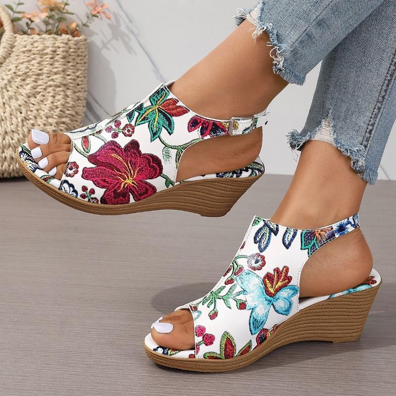 

Printed buckle sandals women s large size summer flower wedge heel one word fish mouth large size sandals 43