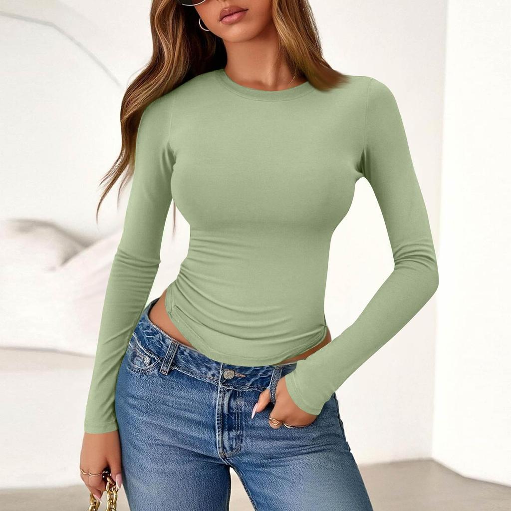 Damenmode Farbe Rundhals Langarm T-Shirt Top