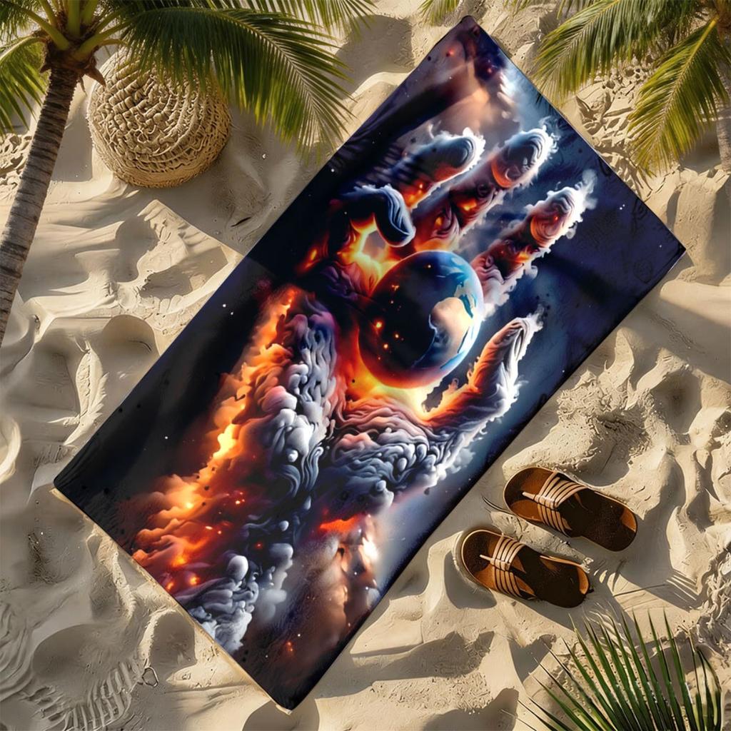 A Huge Hand Is Lifting The Earth. Polyester Microfiber Beach Towel Is Highly Absorbent, Suitable For Swimming And Beach Outings
