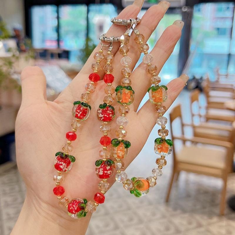 1pc Summer Cute Fruit Persimmon Beaded Wristlet Versatile Phone Case Car Keychain Bag Charm Accessory Handbag Pendant
