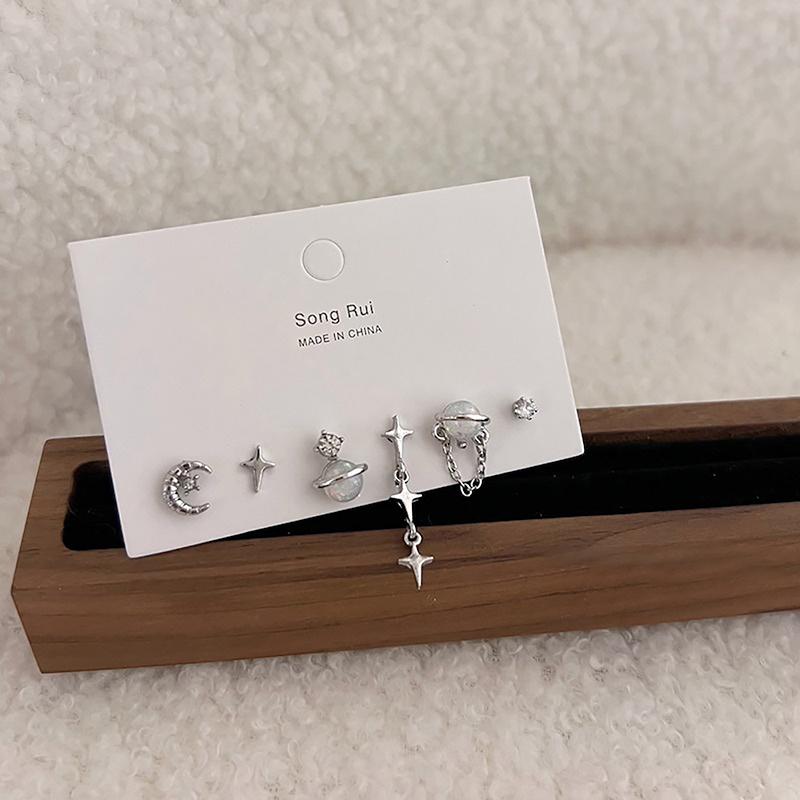 6Pcs/Set Y2K Bowknot Heart Zircon Stud Earrings For Women Girls Trendy Star Moon Piercing Earrings Sweet Cool Jewelry Party Gift