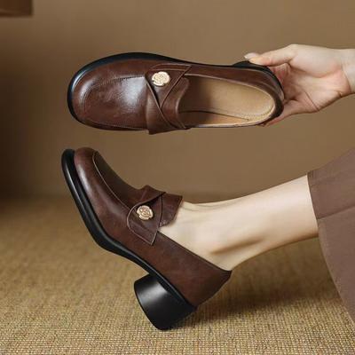 Soft Leather Loafer Women's Vintage Chunky Heel Slip On Shoes Spring and Autumn Middle Heel Fashion Leather Footwear