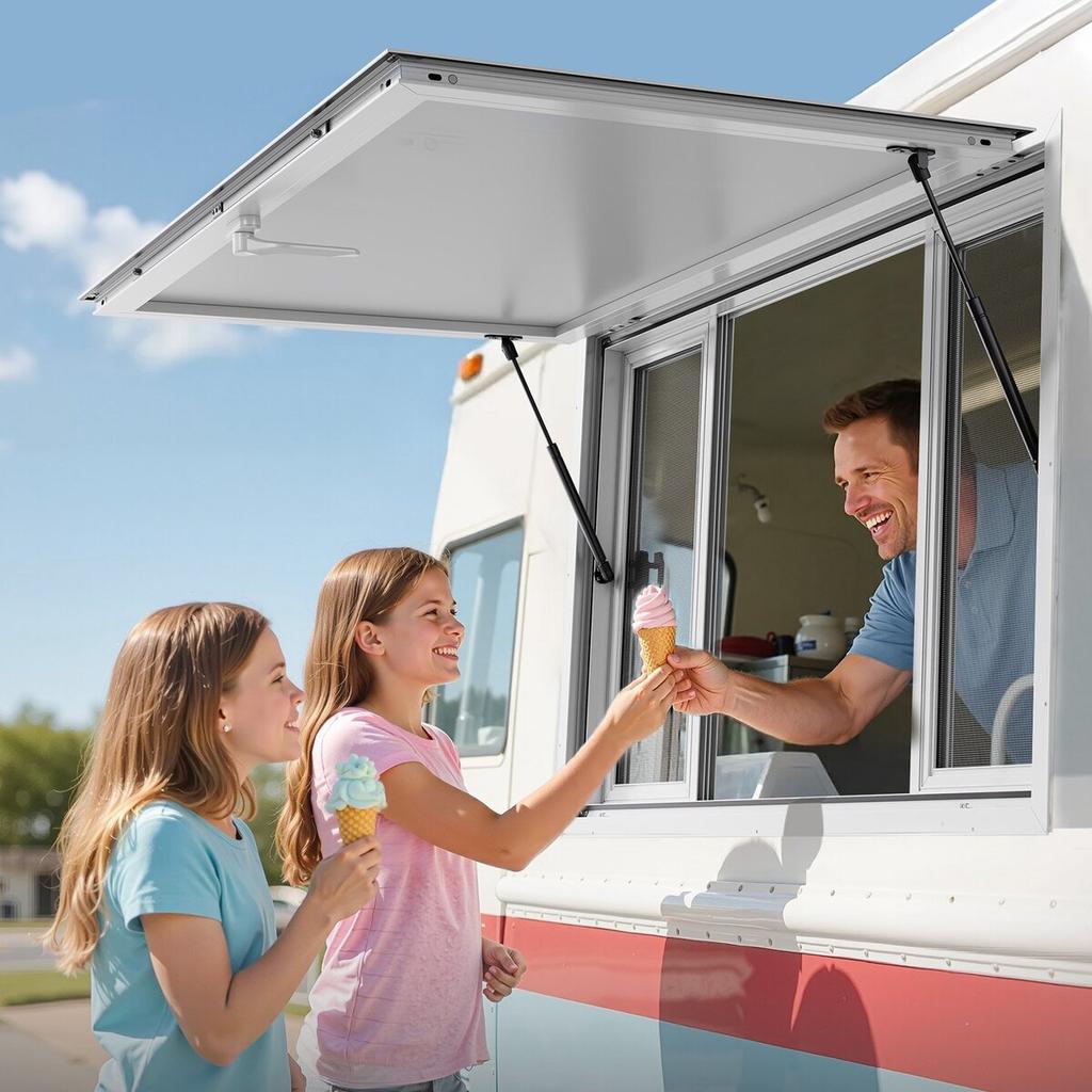 Verkaufsfenster 135x84 cm, Servicefenster aus Aluminiumlegierung für Food Truck, bis zu 85 Grad aufstellbares Bedienfenster mit 4 Schiebefenstern, Markisentür,