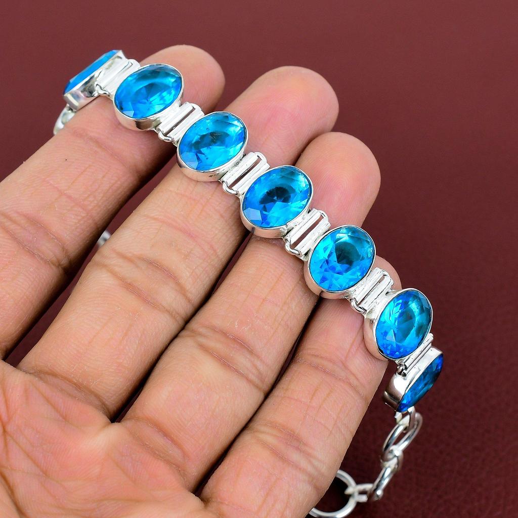 Faceted swiss blue topaz bracelet gemstone handmade bracelet 925 sterling silver bracelet adjustable chain bracelet unique jewelry for gifts