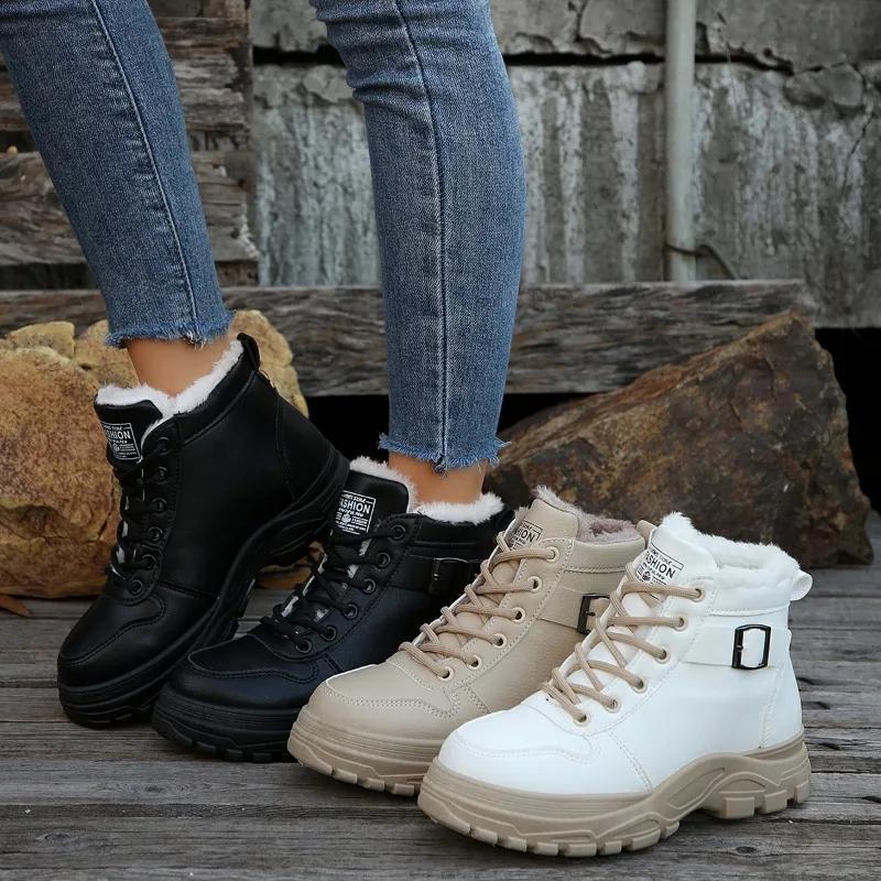 Fashion Women's Sneakers Winter Warm Plush Lined Casual High Top Women's Platform Shoes Lace Up Sneakers Zapatos De Mujer
