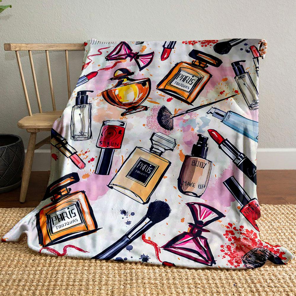 Makeup and Perfume Pattern Design Patterned blanket, flannel, suitable for all seasons, home decor, warm and cozy