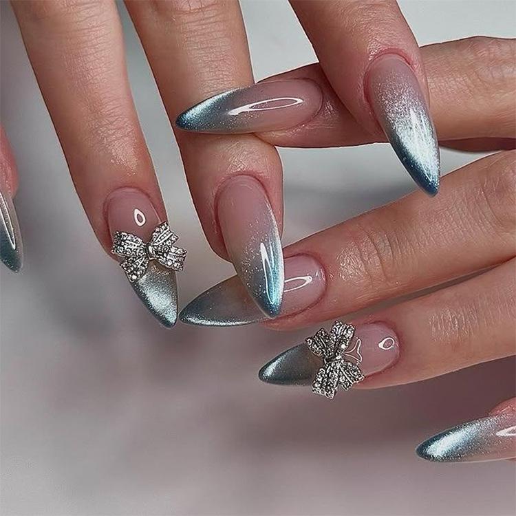24Pcs Sweet Pink French Tip Polka Dot Nails With 3D White Bow Almond Shape False Nails Detachable Press On Nails For Women