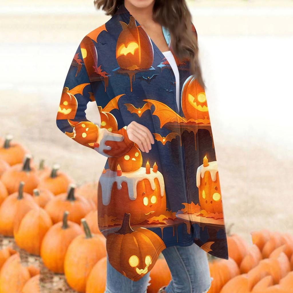 Moda damska Casual Halloweenowy nadruk średniej długości kardiganowy płaszcz