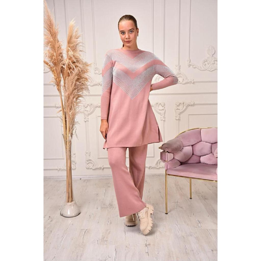 Damen-Tunika-Strickpullover mit langem Rundhalsausschnitt und selbstsilbrigem Muster