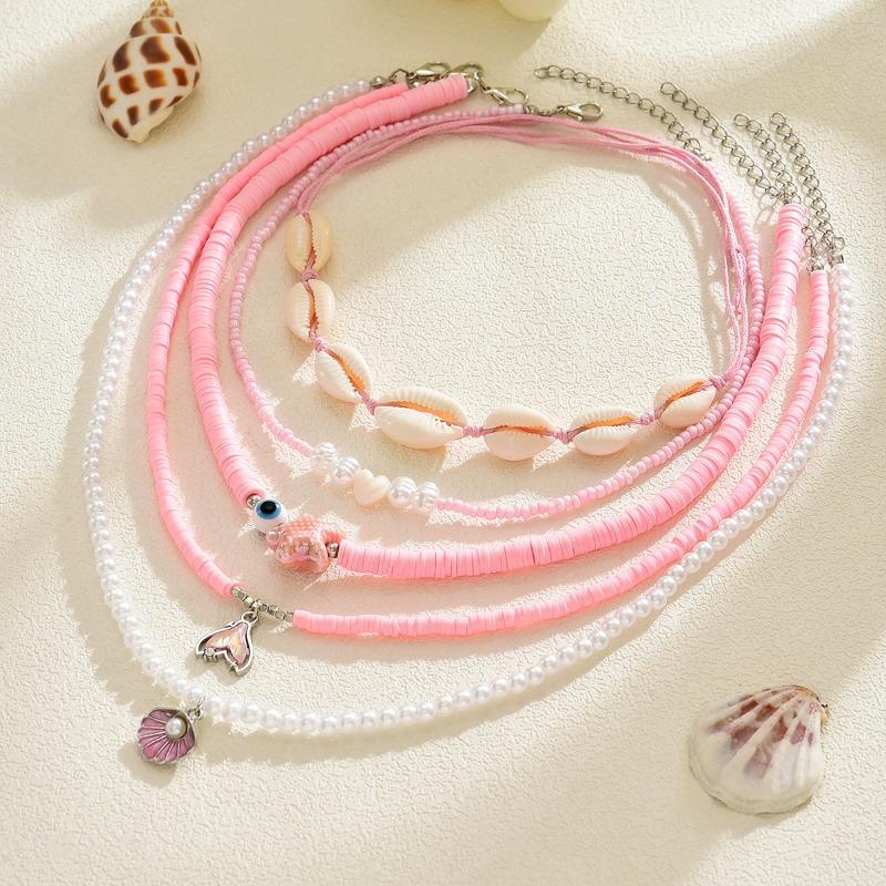 Pink shell necklace, seaside vacation style fashion beaded starfish pearl multi-layer stacked necklace women
