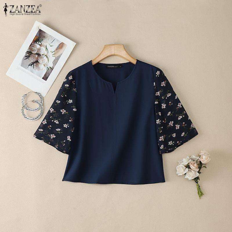 ZANZEA Women Casual Round Neck Loose Floral Splice Short Sleeve Blouse