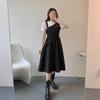 Summer 2026 Sweet College Style Hepburn Midi Dress - Women's Waist-Cinched Patchwork Fake Two-Piece.