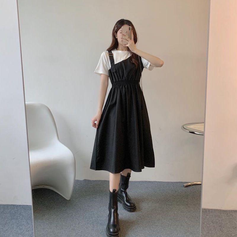 Summer 2026 Sweet College Style Hepburn Midi Dress - Women's Waist-Cinched Patchwork Fake Two-Piece.