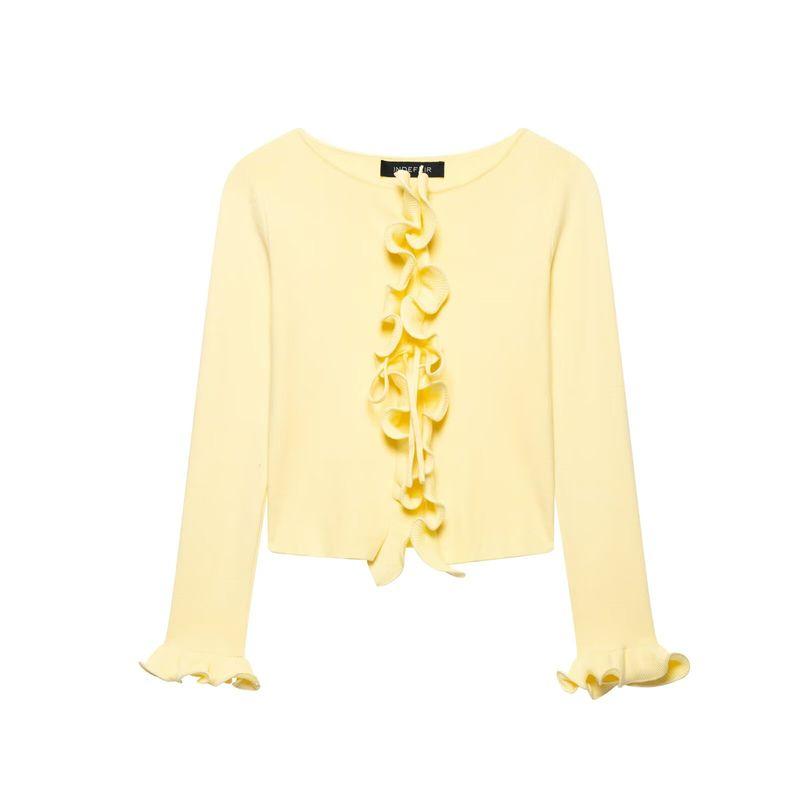 Zbzr Spring New Women Clothes Western Style Lace Patchwork Contrast Color Long Sleeve Knit Cardigan Slimming Short Top