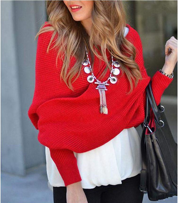

2025 European and American V-neck Cross Off-the-Shoulder Knitted Sexy Pullover Sweater Scarf for Autumn/Winter One Size червоний