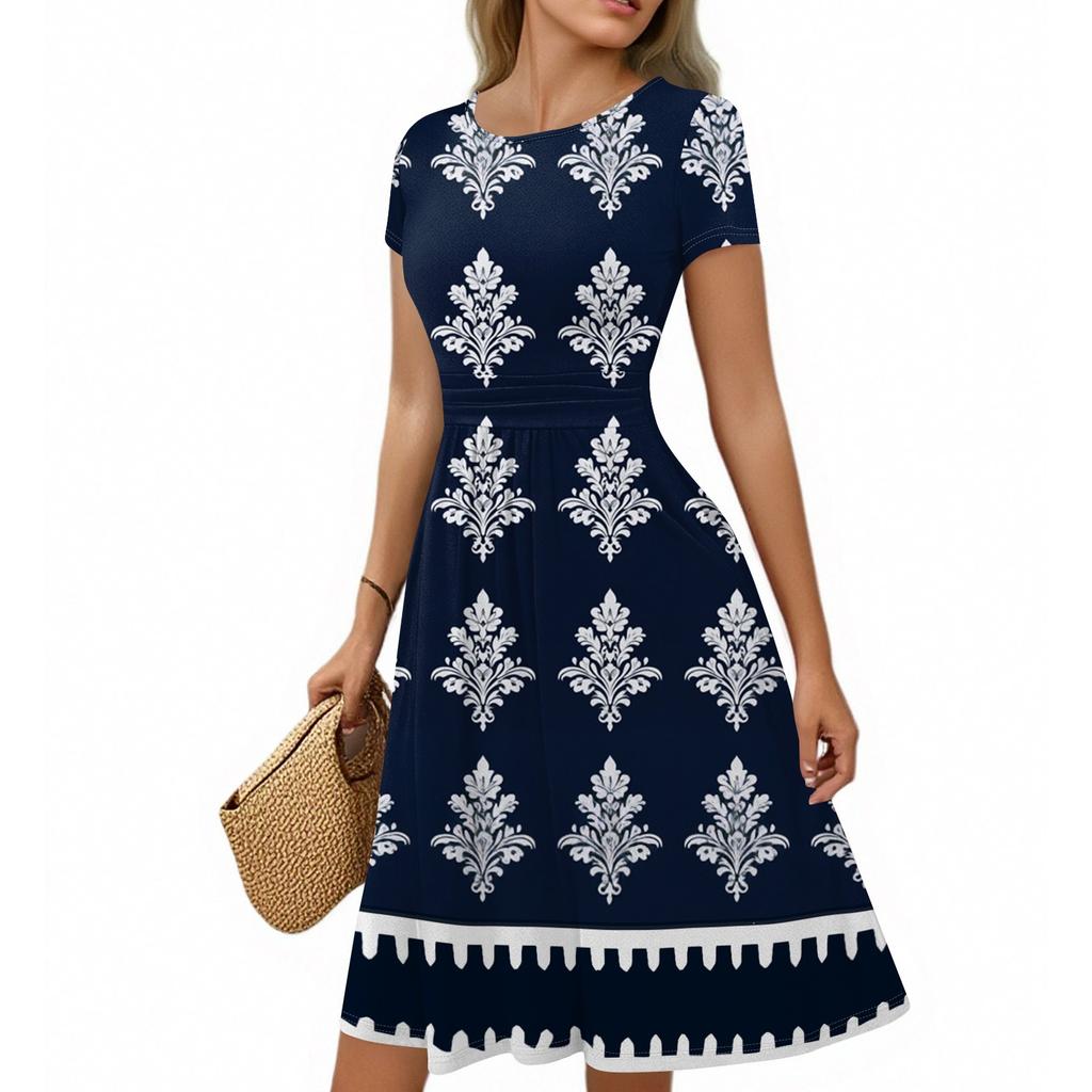 Women's Casual Fashion Round Neck Pleated Short Sleeve Bohemian A-Line Midi Dress