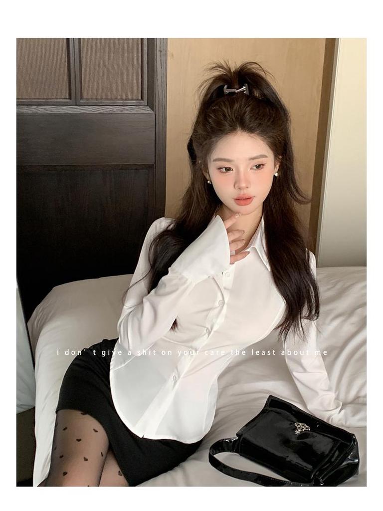 Spicy Girl Women's Slim Fit White Shirt - Chic, Waist-Cinching, Long Sleeve Cardigan for Spring and Autumn.