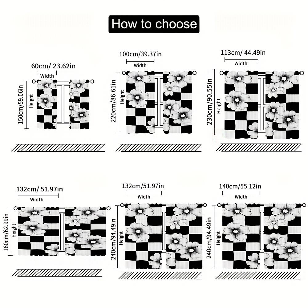 2pcs Art Deco Black & White Floral Checkered Curtains - Fade-Resistant Polyester   Machine Washable for Bedroom   Living Room   Off