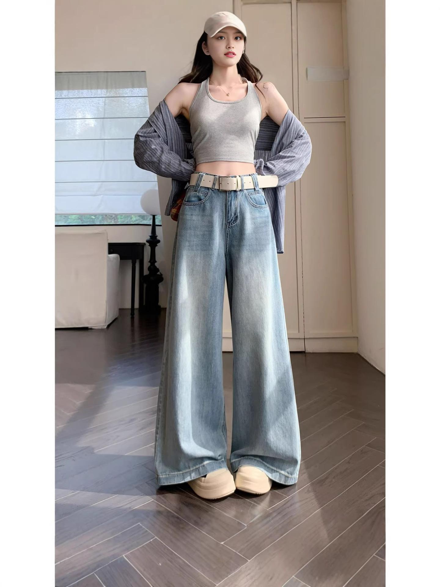 

Plus Size Women s Retro Korean Style Distressed Wide Leg Floor-Length Jeans L