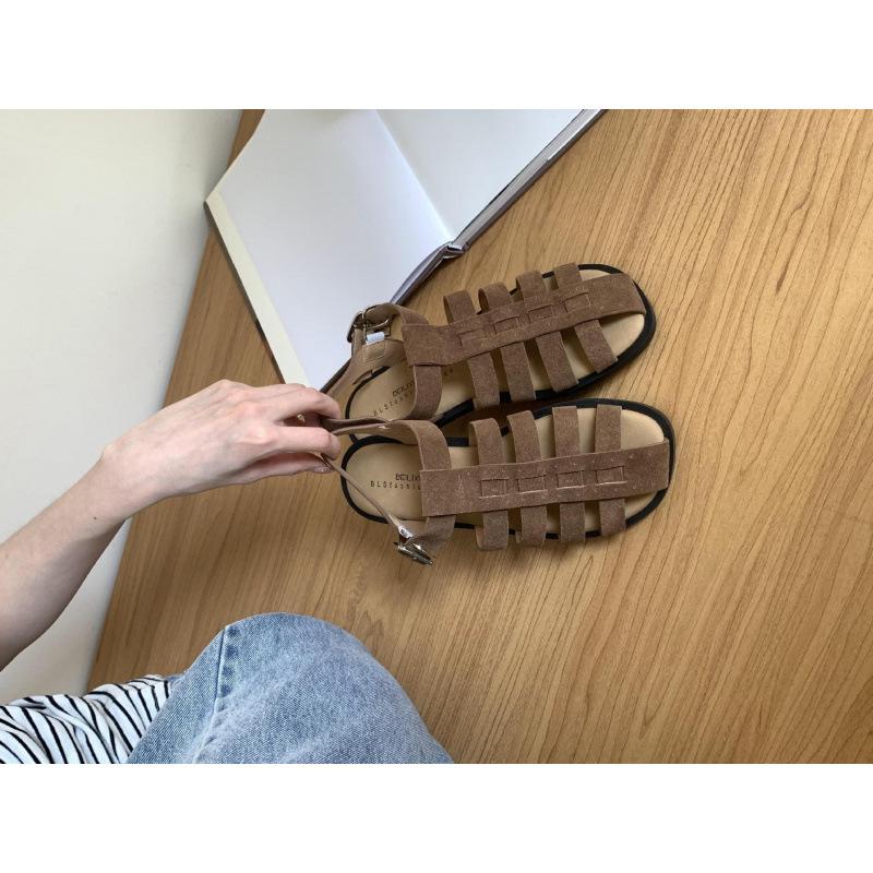 Damen Sommer Retro Casual Taschenkopf Schweinekäfigschuhe aus gewebtem Rindsleder