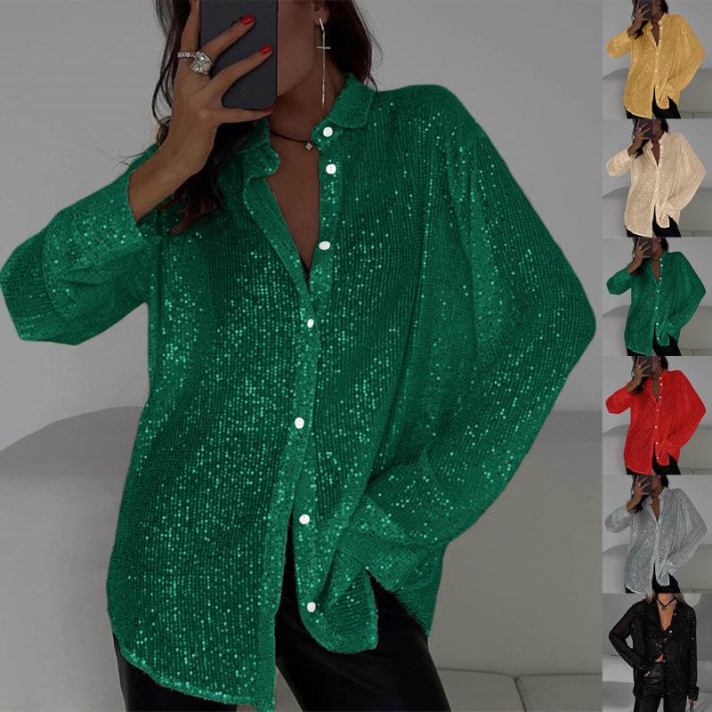 2026 Sexy Sequin Sparkle Lapel Single-Breasted Long Sleeve Women's Shirt