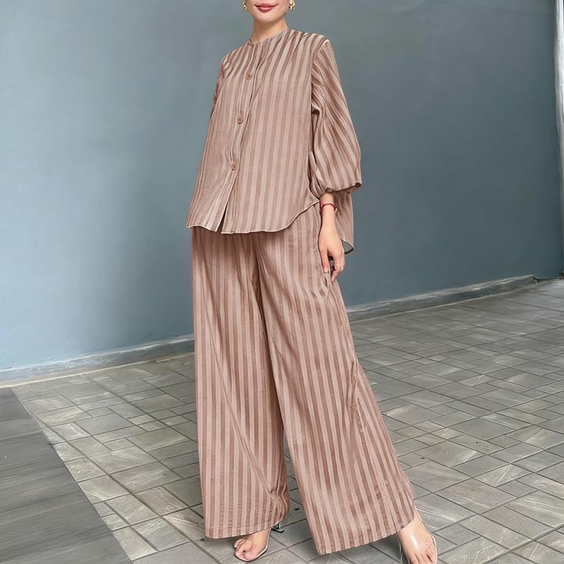 

ZANZEA Женская блузка с длинным рукавом и брюки Повседневный полосатый костюм-двойка 5XL