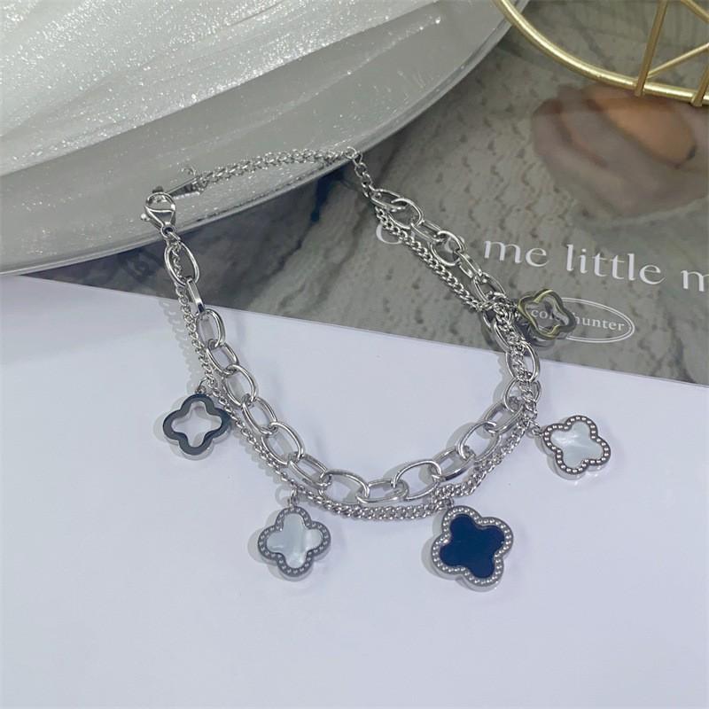 Stainless Steel Double Layer Four Leaf Clover Bracelet Women Minimalist Fashion Jewelry Gift