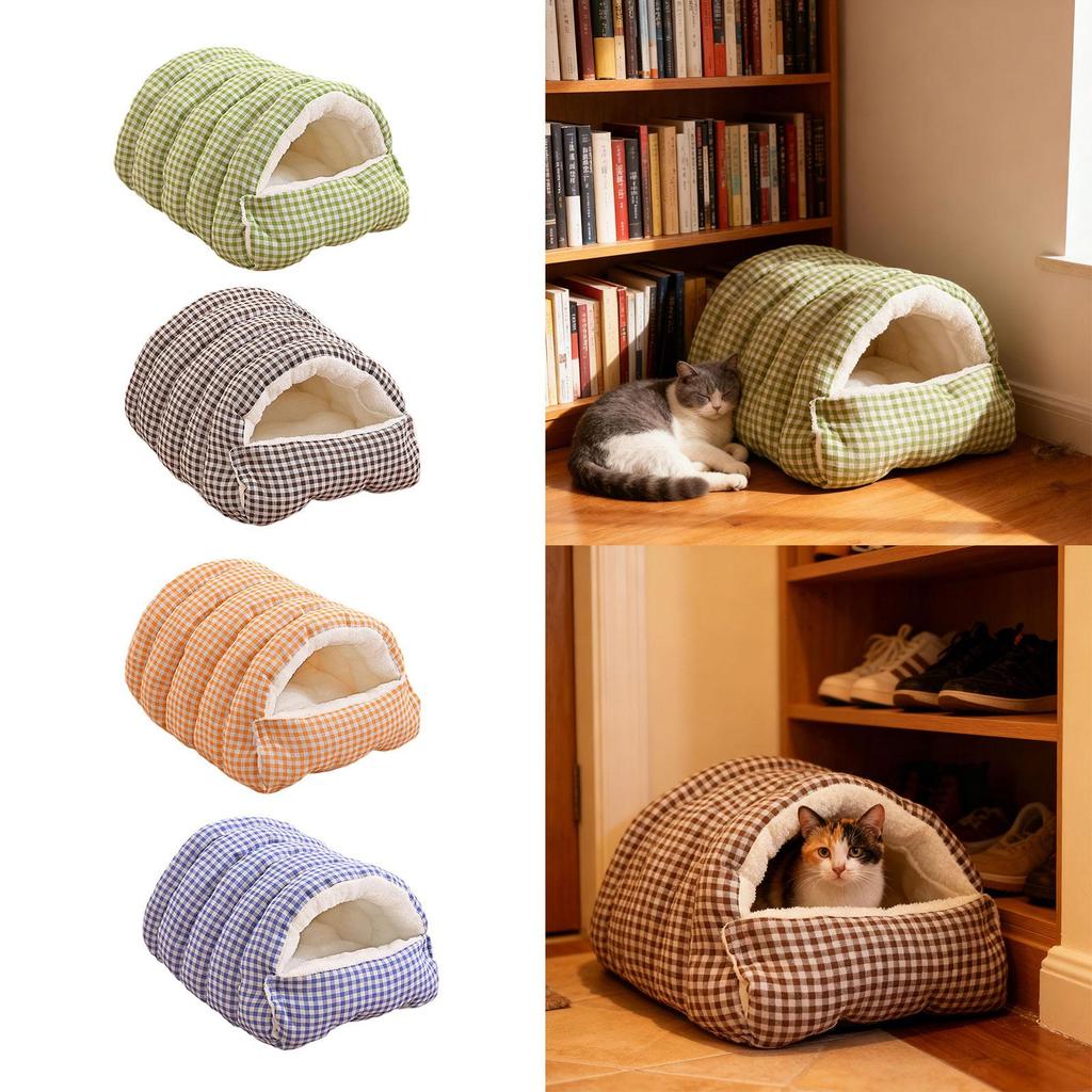 Self Heating Dog Cat Bed Flannel Kennel Cave House Cozy Cat Hideout Removable Pillow for Indoor Cat Enclosure