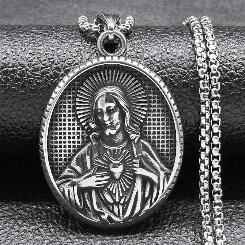 Retro Catholic Sacred Heart of Jesus Necklace for Women Men Stainless Steel Silver Color Medal Pendant Necklaces Jewelry NZZS05