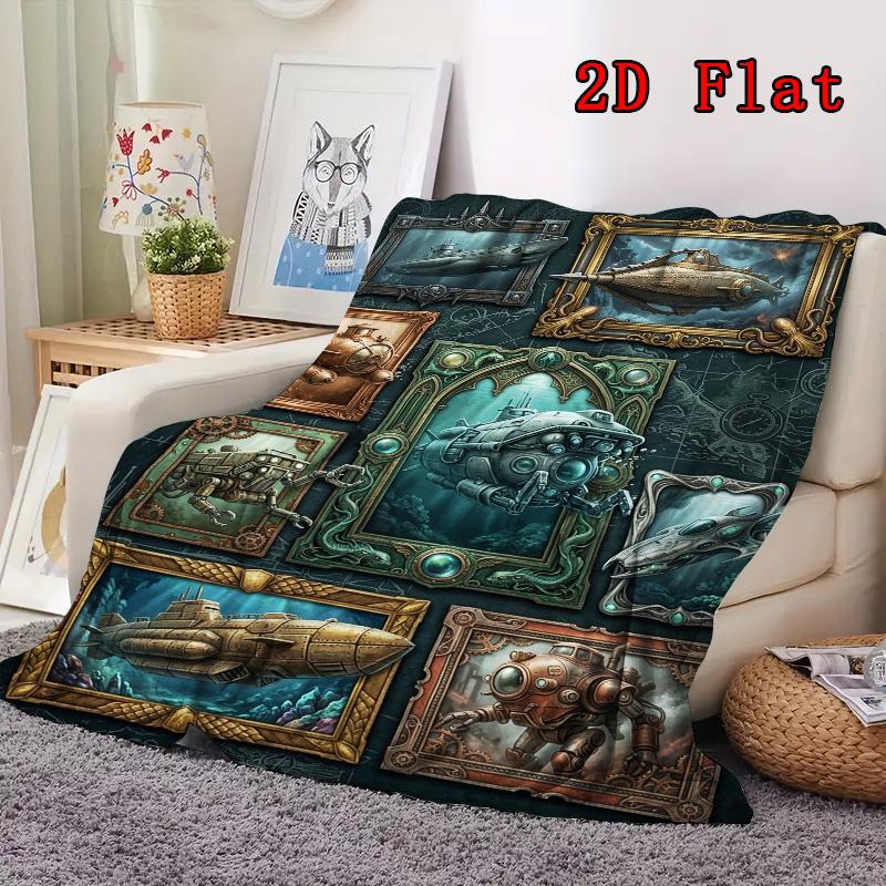 Steampunk Submarine Adventure Rug 2D Flat Pattern Flannel Blanket High quality All Seasons Warmth and Comfort Perfect for Christmas Gifts.