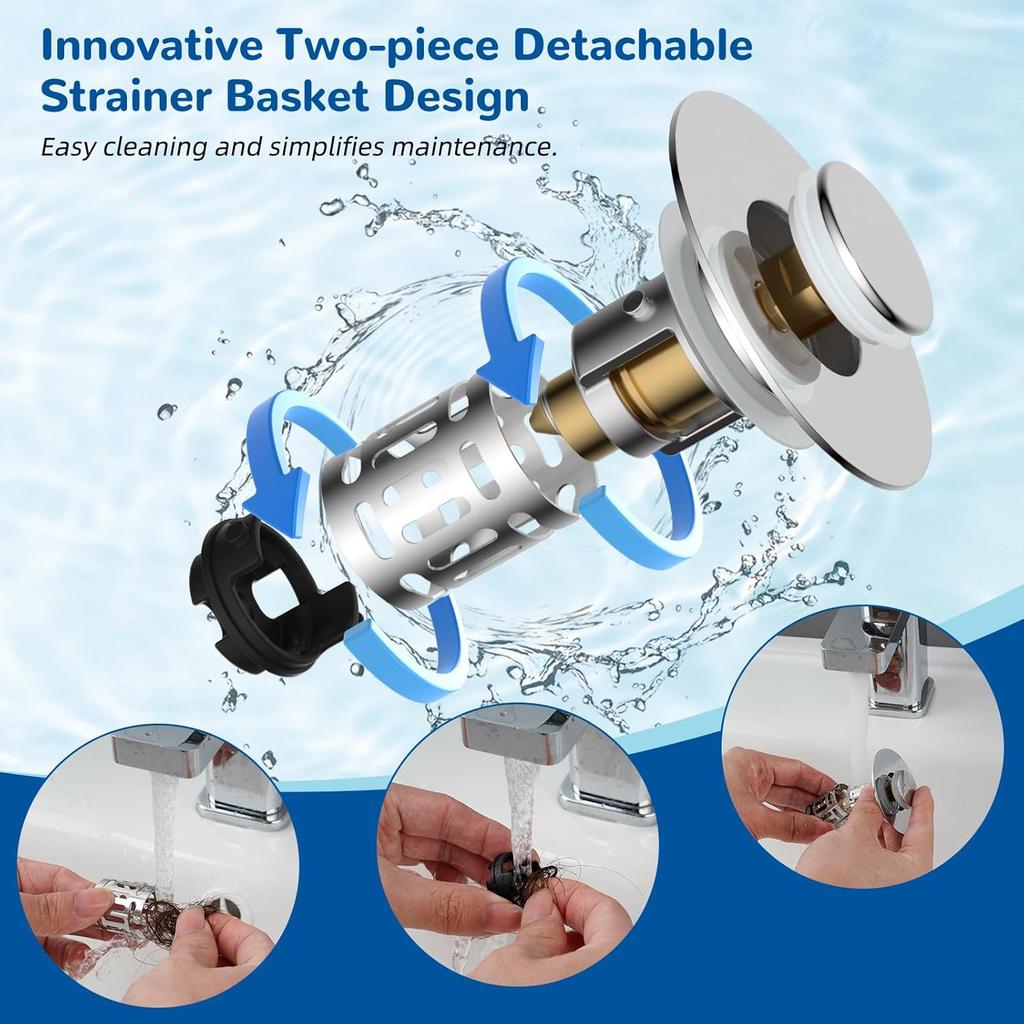 Upgraded 3 in 1 Bathroom Sink Drain Strainer, Universal Pop Up Stopper with Stainless Steel Hair Catcher Filter, Brass Core Chrome for 1.1''-2.36'' Ba