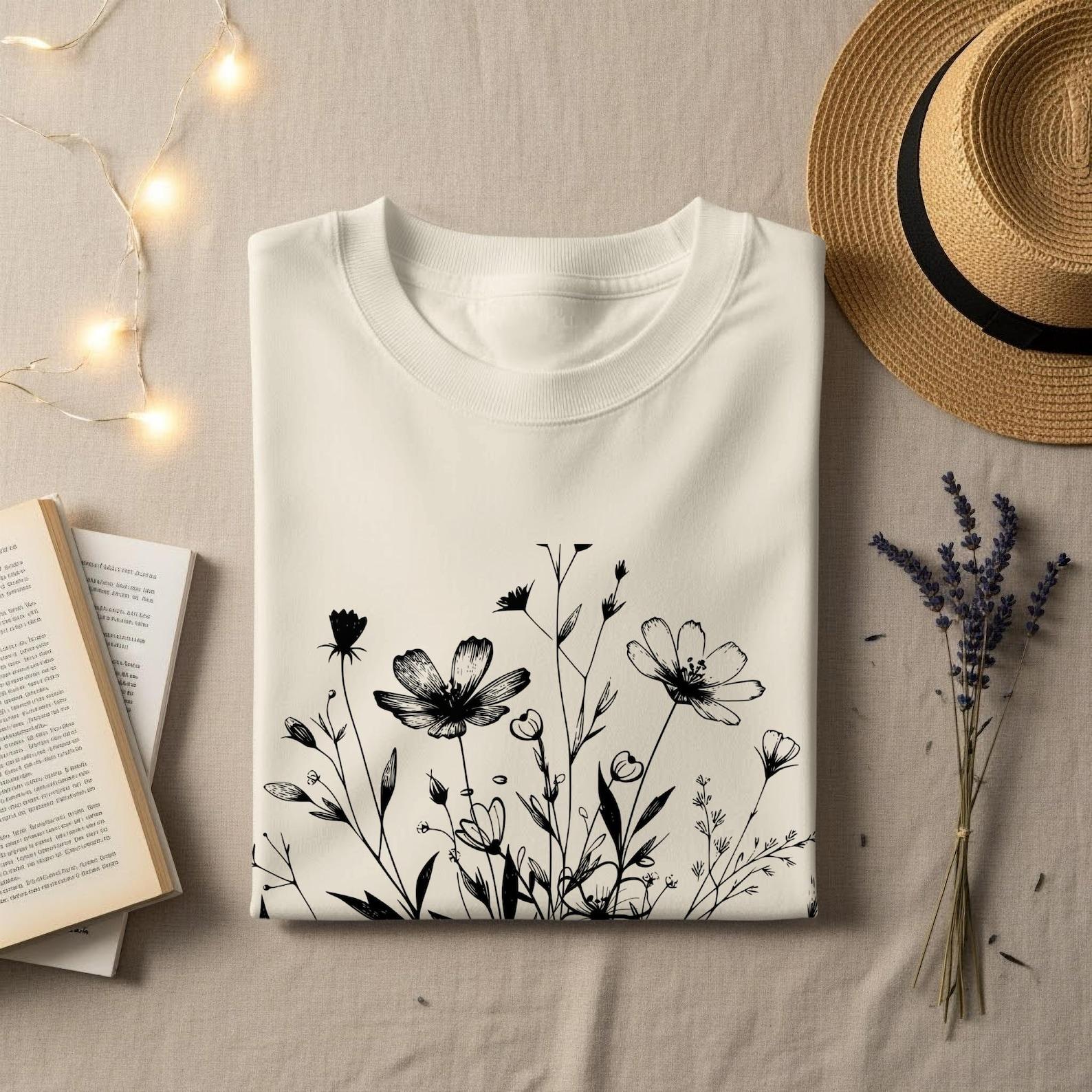 Botanical Line Art Wildflower T-Shirt, Minimalist Floral Nature Tee M
