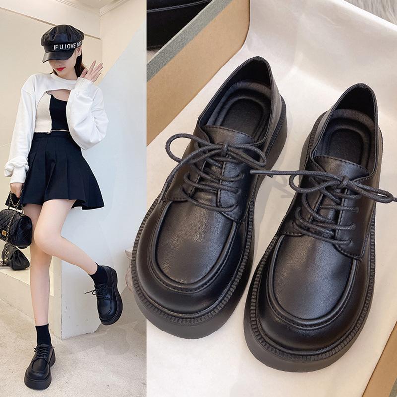 Black big head and small leather shoes women's spring new round head lace-up British college style muffin platform single shoes