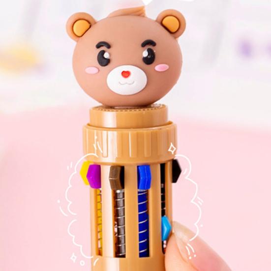10-In-1 Retractable Ballpoint Pen Cartoon Bear Colored Pen 0.5MM Fine Point Smooth Writing Colorful Ball Pen Students School Office Supplies