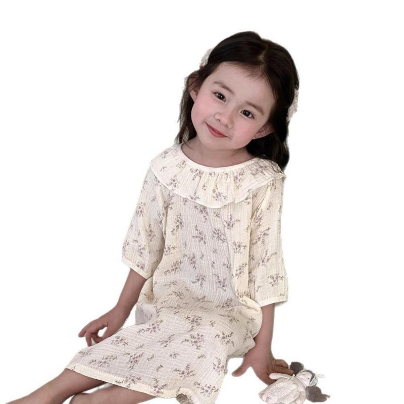 Girls Princess Style Thin 100 Percent Cotton Nightdress Kids Summer Sleepwear Home Clothing