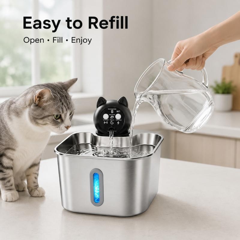 Pet Fountain Motion Activated Waterer for Small Kitten Animal Households, 3.2 L Indoor Drinking Fountain with Metal Bowl for Routine Household Use