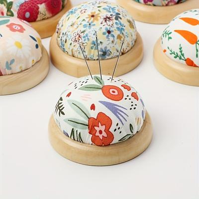 1pc Floral Design DIY Sewing Pin Cushion, Craft Cloth Pin Holder with Wood Base, Colorful Needle Organizer for Hand Sewing