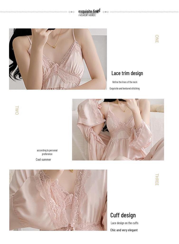 Ruth's Ice Silk V-Neck Pajamas: Women's High-End Spring/Summer Three-Piece Set for Home or Out.
